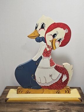 Vintage Hand Painted Wooden Ducks Folk Art Signed PK Country Kitchen Decor